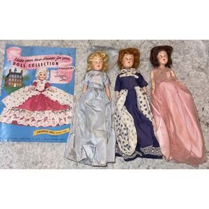 3 Vintage Plastic 7" Lingerie Lou Dolls Colonial Doll Pattern Book Blinking Eyes